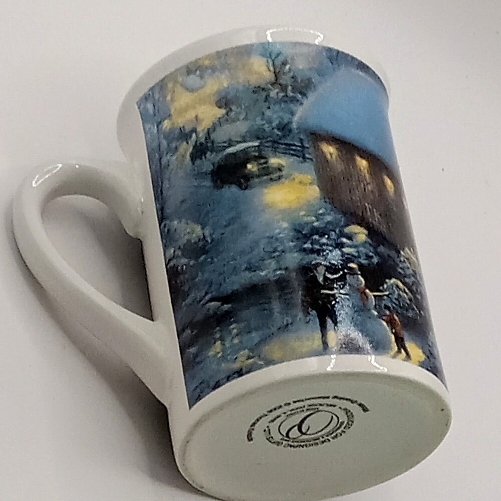 Thomas Kinkade Cup Blue Winter Evening Memories 8 OZ 2008 Horse Covered Bridge